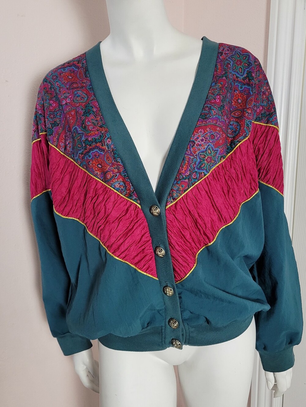 Vintage 80s/90s Silver Threads Teal & Fuchsia Paisley Cardigan - Made in USA*